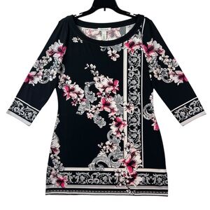 White House Black Market Tunic Top Womens Size L Floral Black White Pink Gray